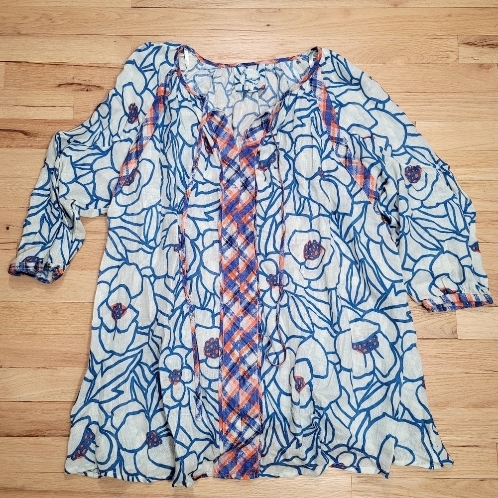 ZYGA LIN'N LAUNDRY Linen Blouse Size L Floral Art to Wear Mixed Pattern
